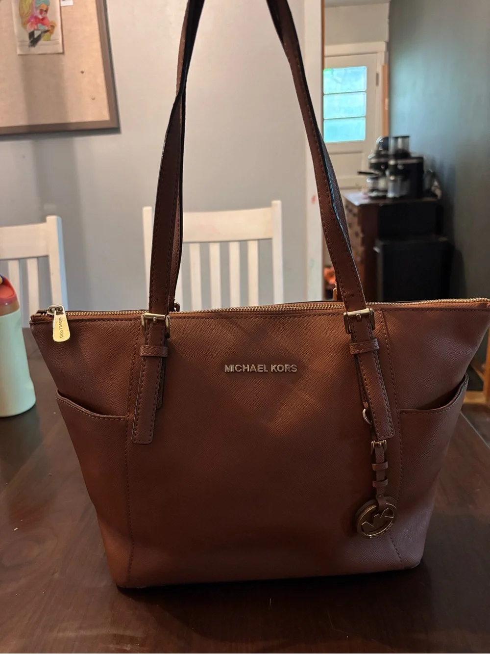 Michael Kors Cognac Leather Tote with MK Charm